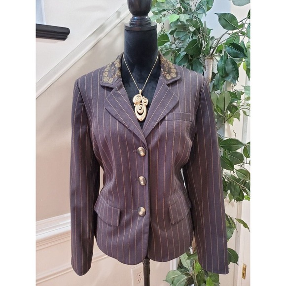 Emma James Women's Brown Striped Single Breasted Three Button Blazer Jacket 14 - Picture 1 of 15